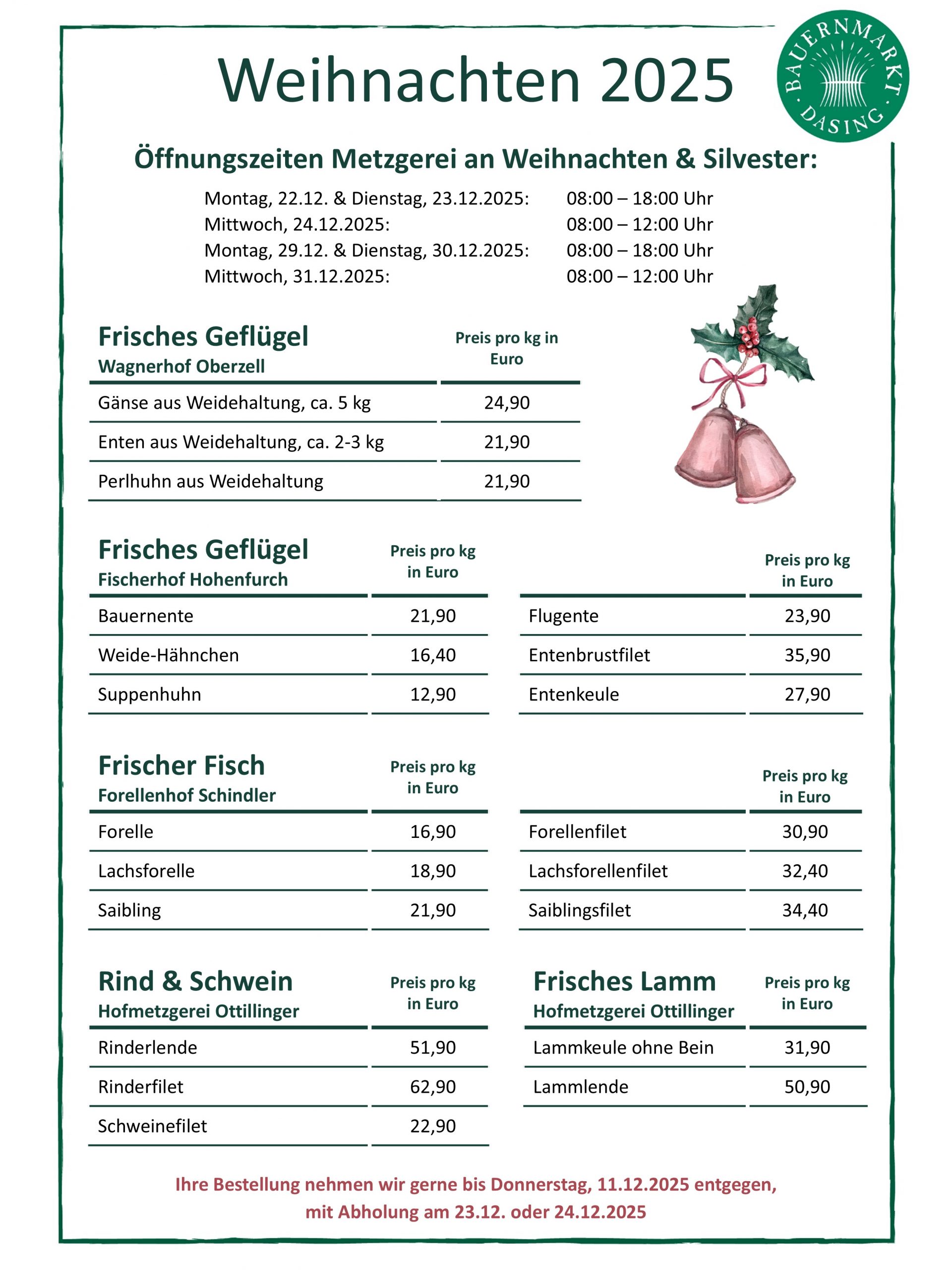 Preisliste Vorbestellung Metzgerei Weihnachten 2025